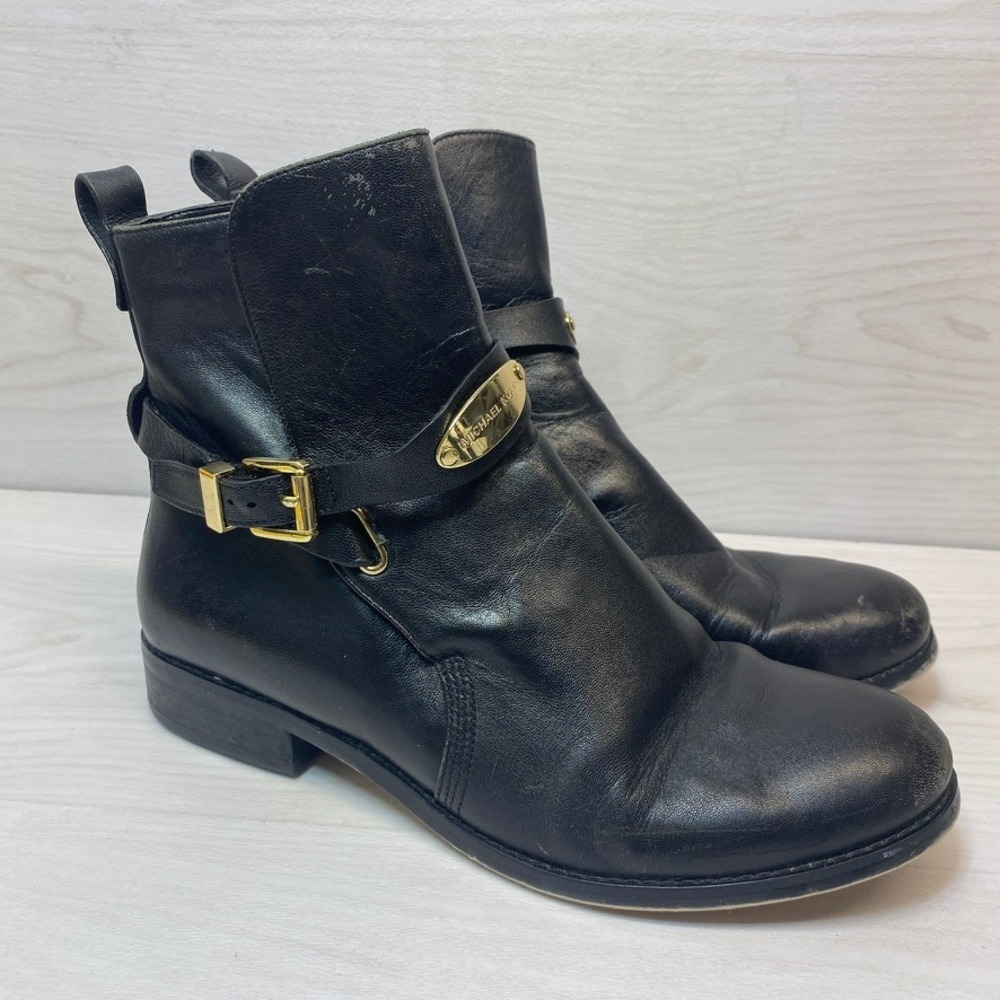 Michael Kors Womens 7.5 Ankle Boots Moto Buckle Black Leather Designer‎
